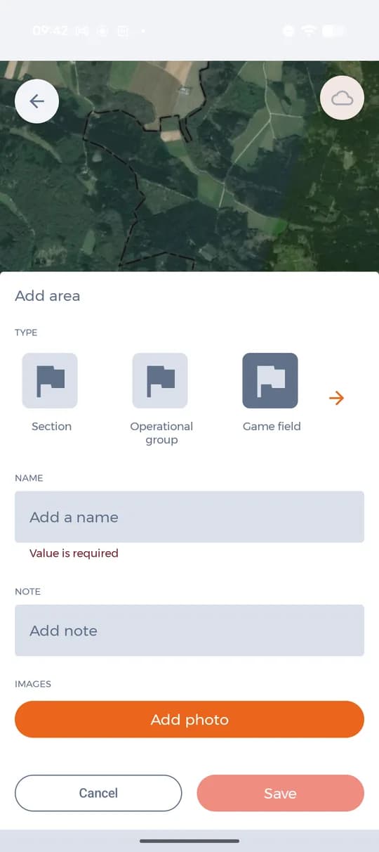 Type, name, note and photos of the area.