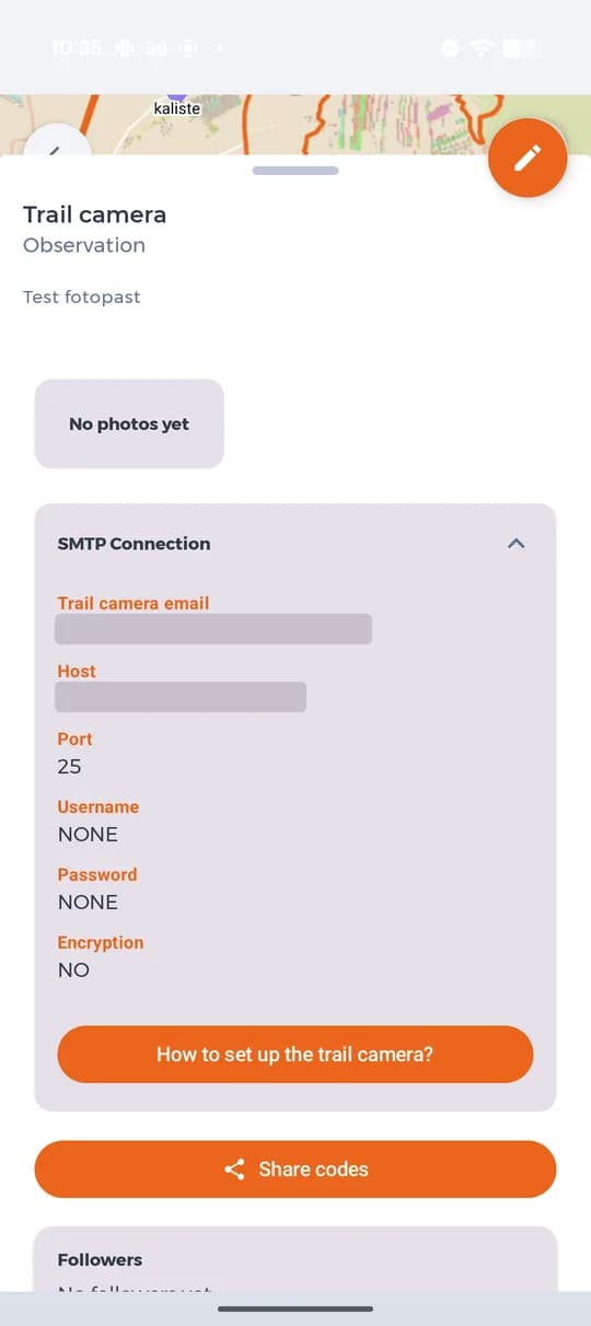 SMTP details for the camera (address and host hidden here).
