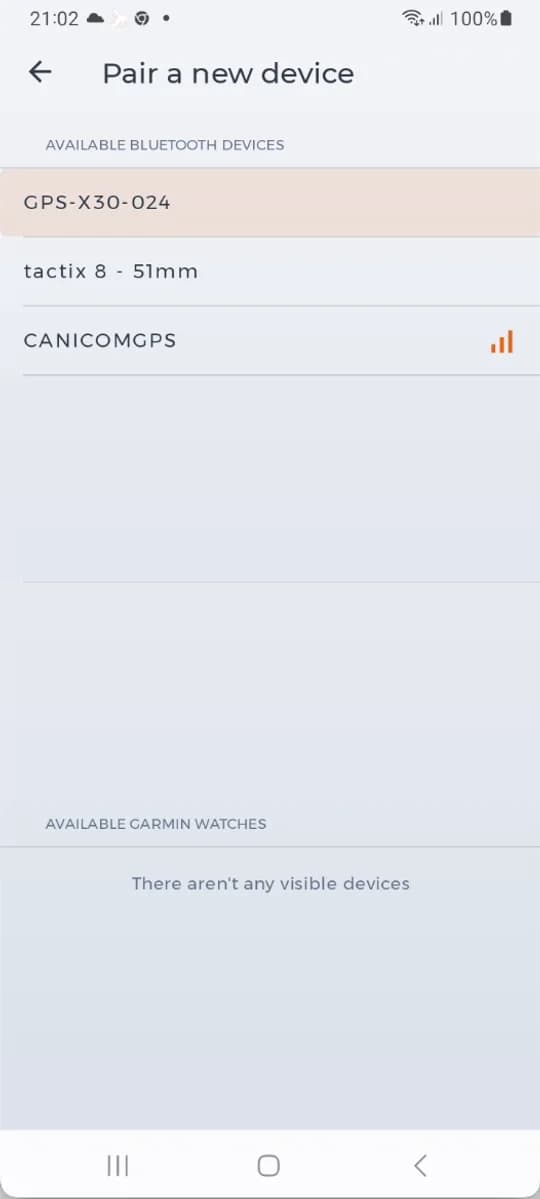 Dogtrace X30, a Garmin watch and NUM'Axes Canicom GPS in the pairing list.