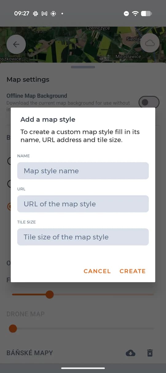 Adding a custom map source: name, URL and tile size.