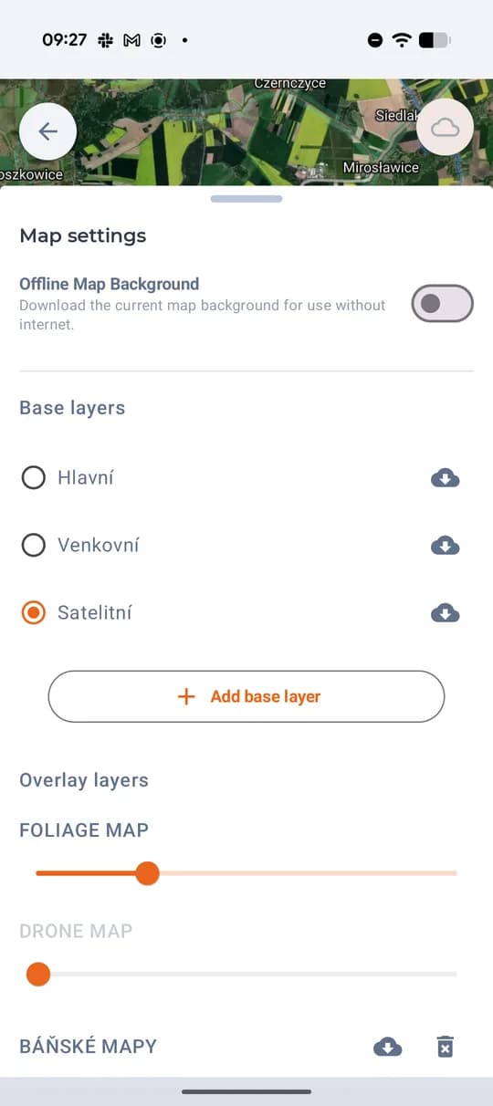 Map settings: base layers and offline download.