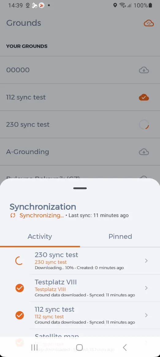 The sync panel with download progress and the time of the last run.