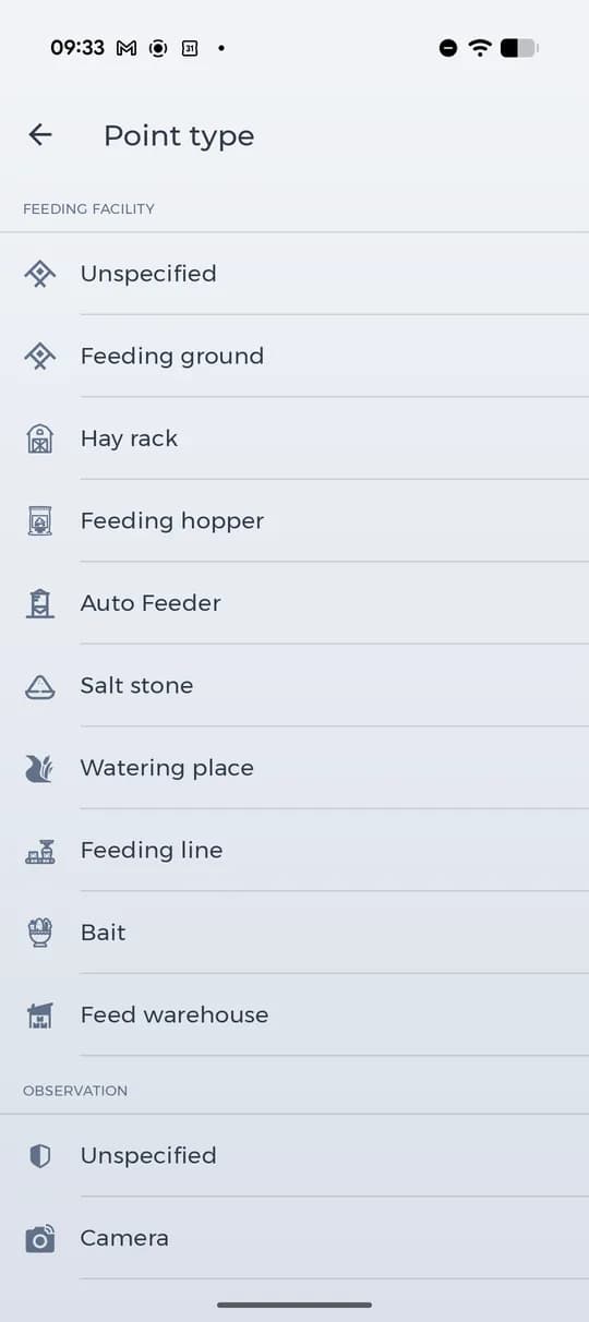 The list of point types in the app.