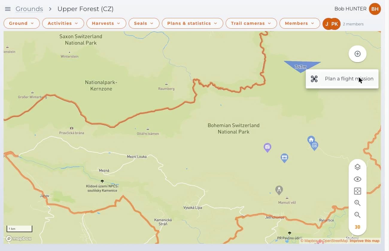 The menu above the hunting ground map with Plan a flight mission.