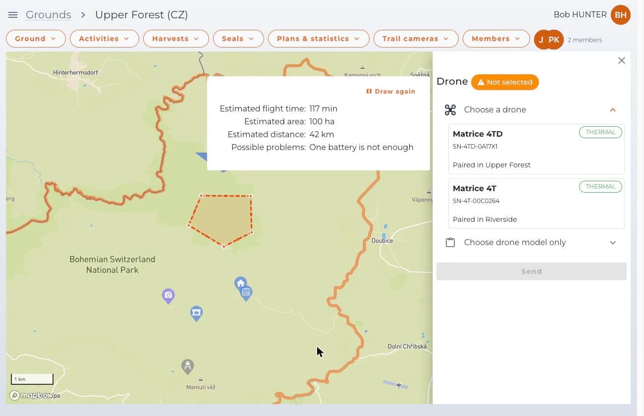 Planning a flight mission over the hunting ground in the web app.