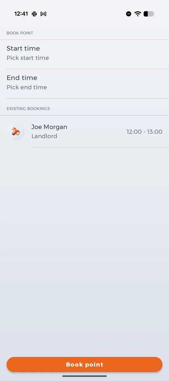 An existing booking with name, role and time.