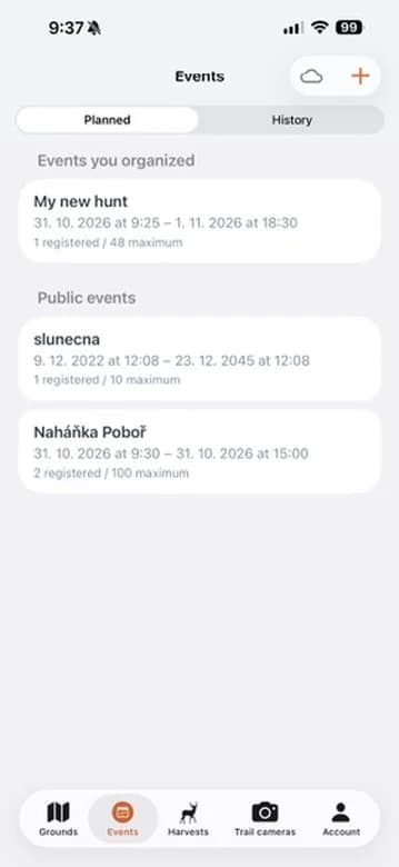 The event list with the button for creating a new one.