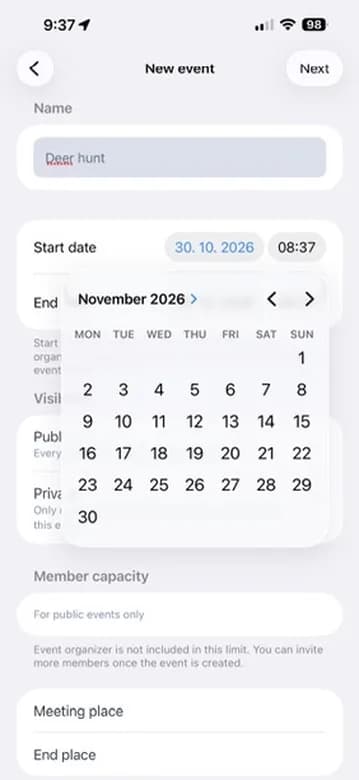 Name, dates, visibility, capacity and the meeting places.