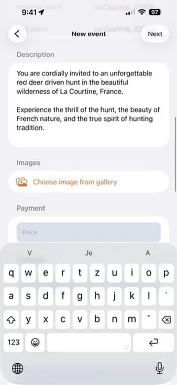Description, photo picker and the start of the Payment section.