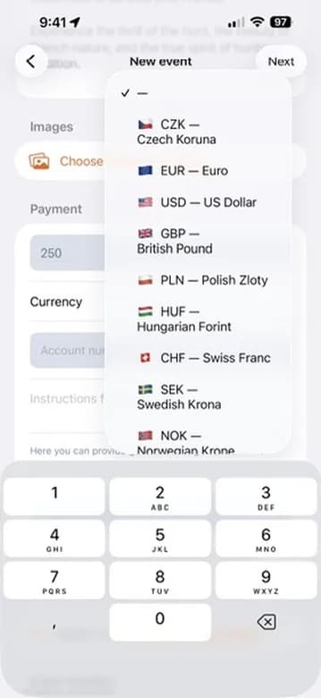 Price and currency picker.
