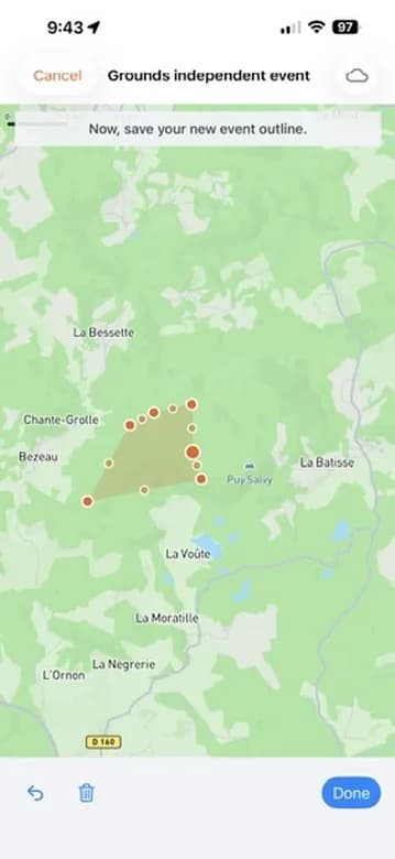 The drawn outline of an event outside a hunting ground.