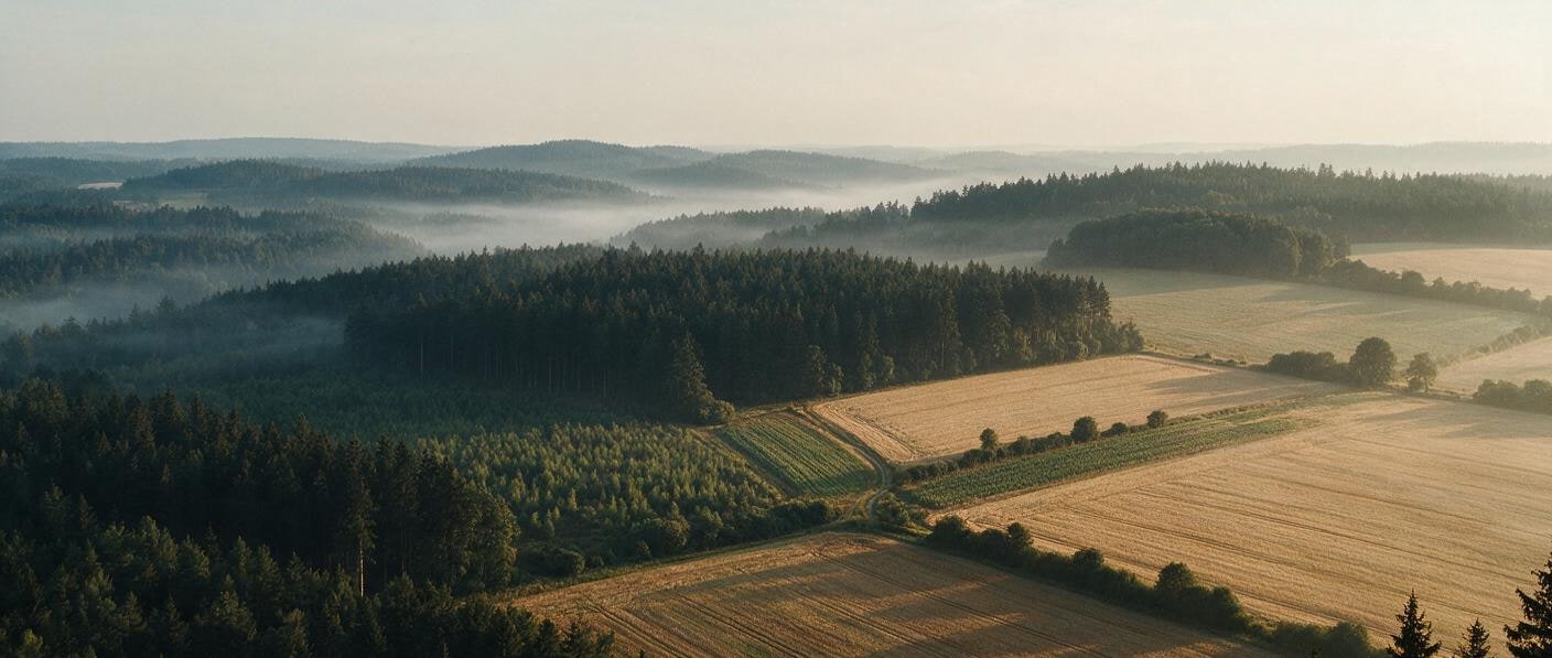 A view from a hillside over forest blocks, harvested fields and hedgerows dividing the land into parcels