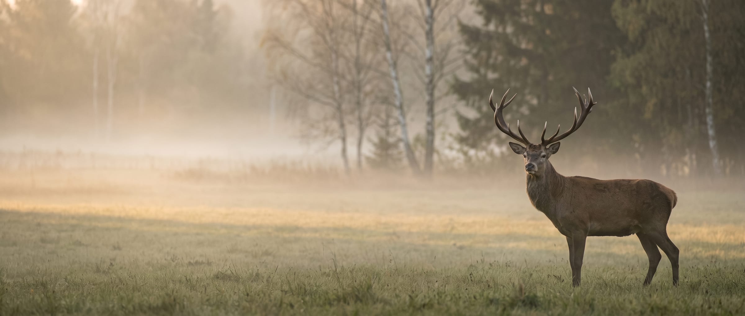 A red deer stag at the edge of a misty meadow at dawn