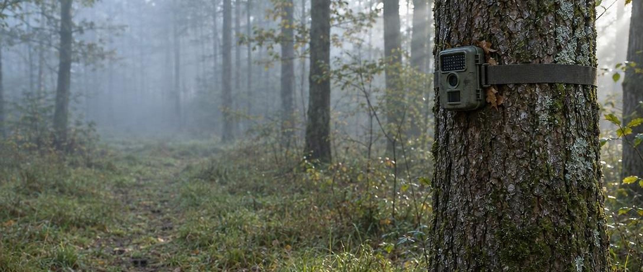 A trail camera strapped to an oak at the edge of a misty forest, a game trail leading away