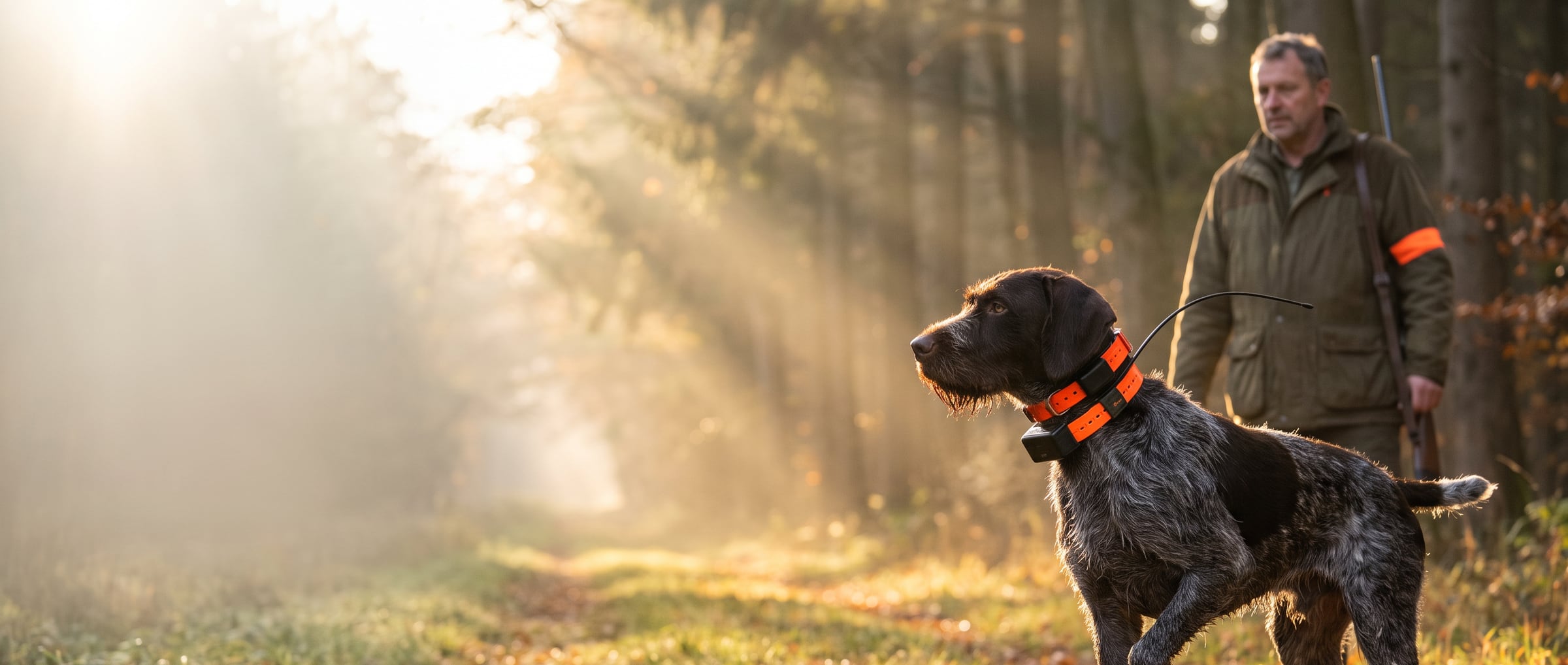 A hunter looking at the track of his dog on the phone while the dog in a GPS collar waits in the forest