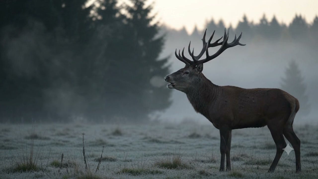 A red deer stag bugling on a frosty meadow at dawn.