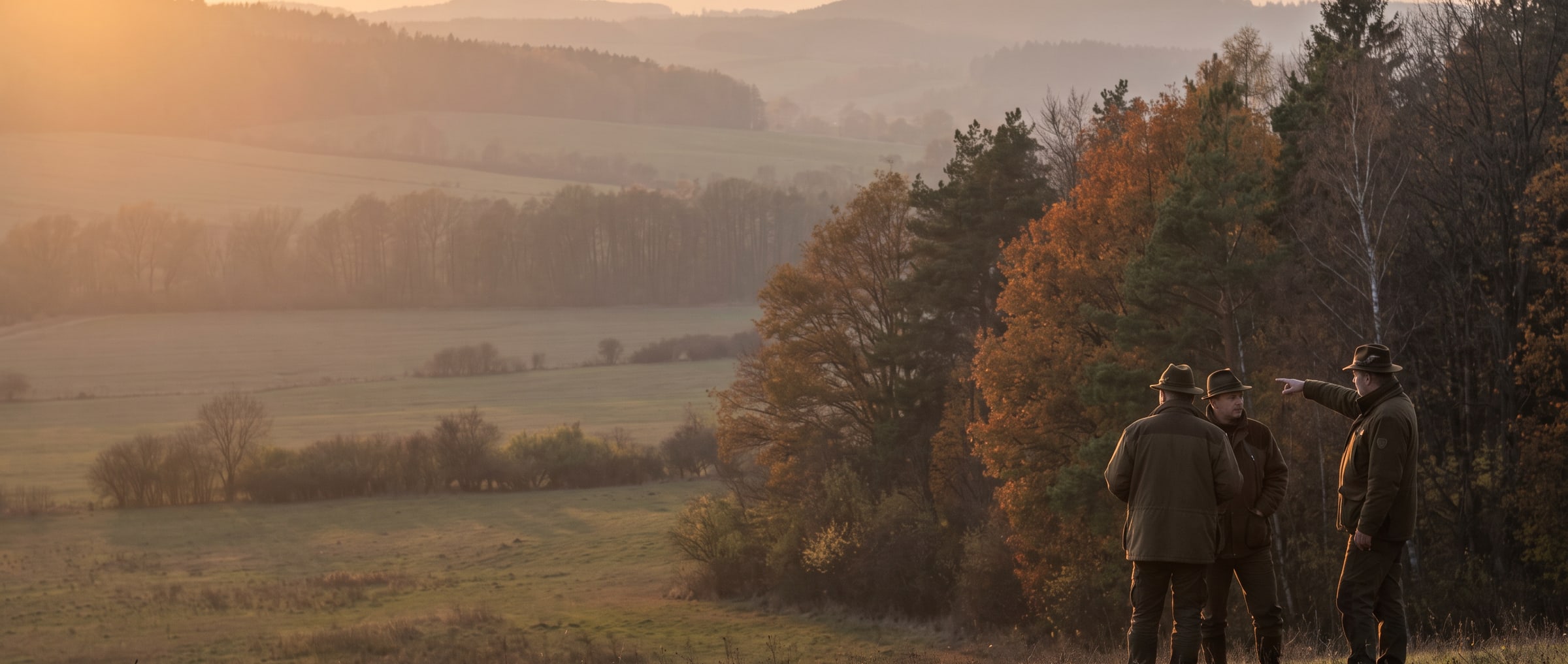 Three hunters at a forest edge, one pointing out across the autumn landscape at dusk