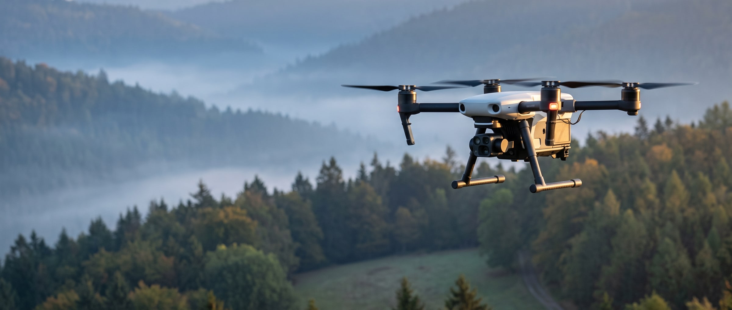 A drone with a thermal camera flying over a wooded hunting ground at dawn