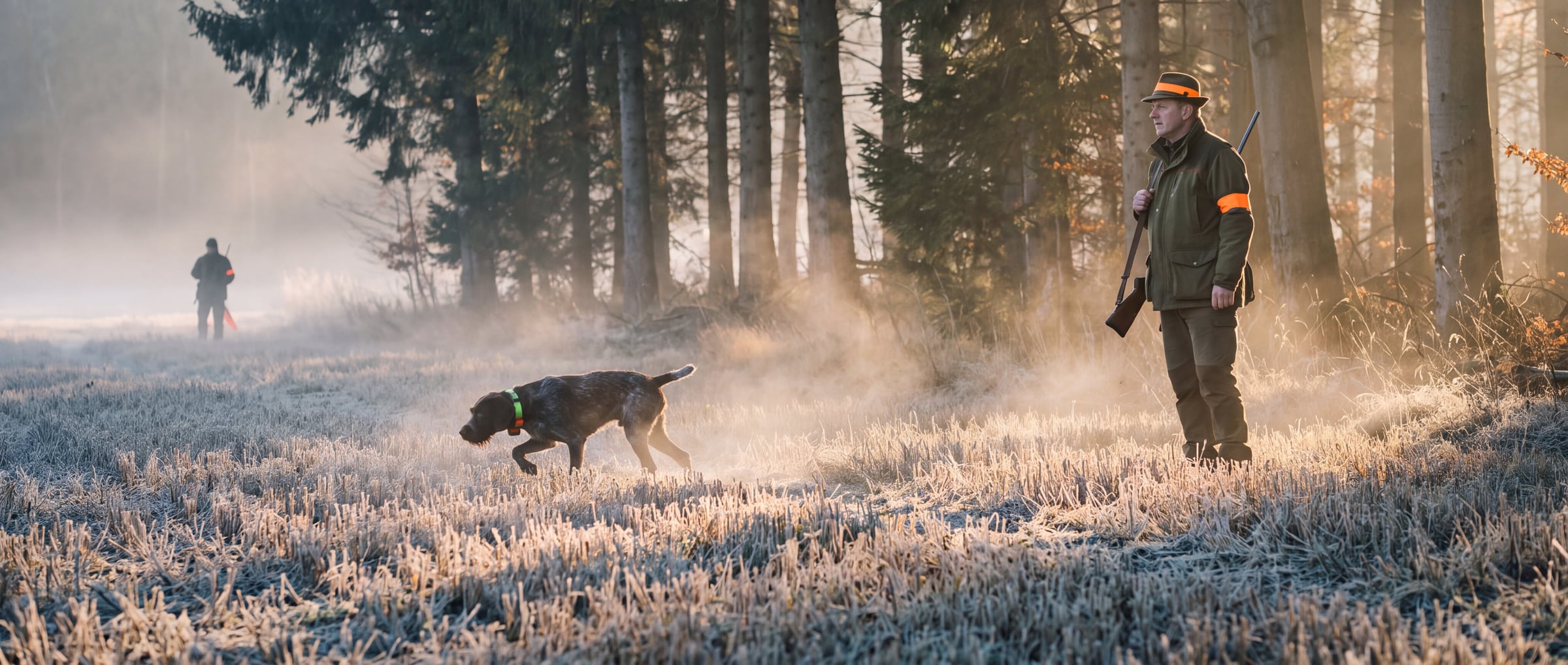 A hunter with a rifle, a dog in a GPS collar and a second hunter far off across a frosted stubble field in the morning mist