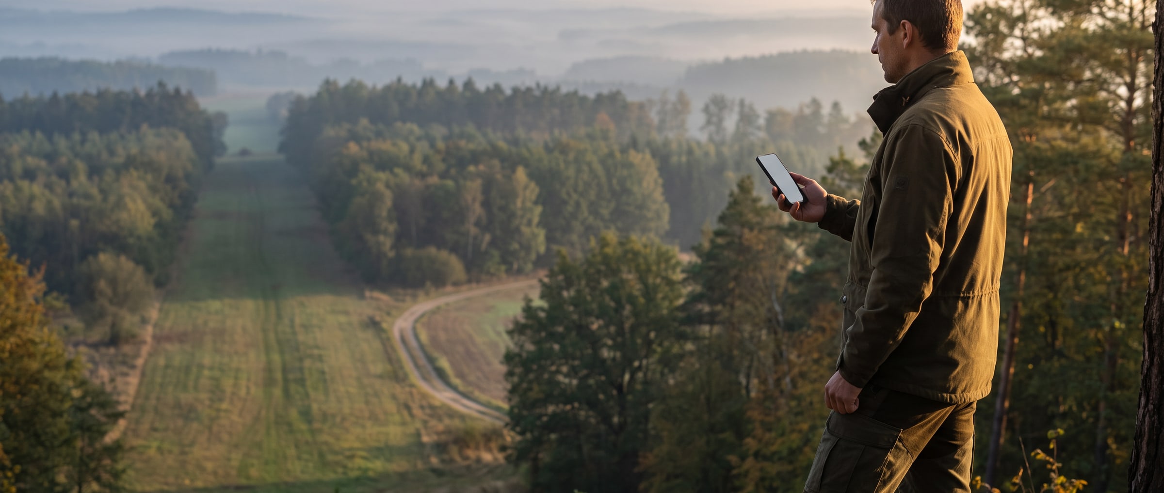 A hunter with a phone stands at the forest edge above a misty valley with a ride and a track