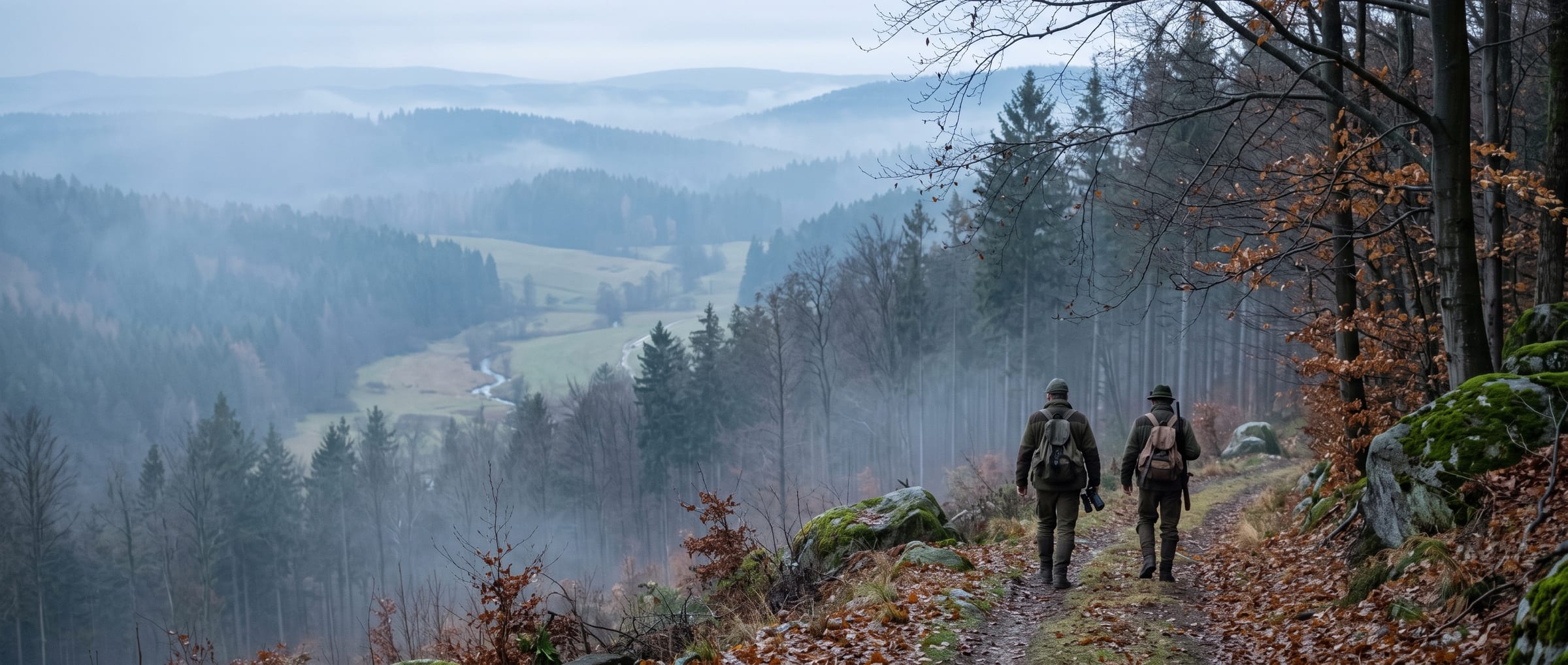 Two hunters walking down a forest track into a misty valley.
