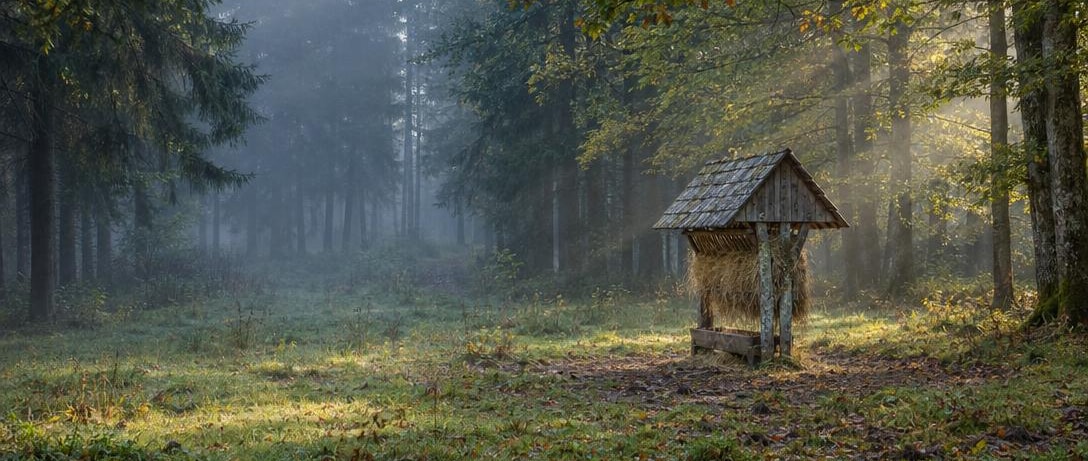 A weathered wooden hay-rack game feeder on a misty forest clearing, sunbeams through the trees