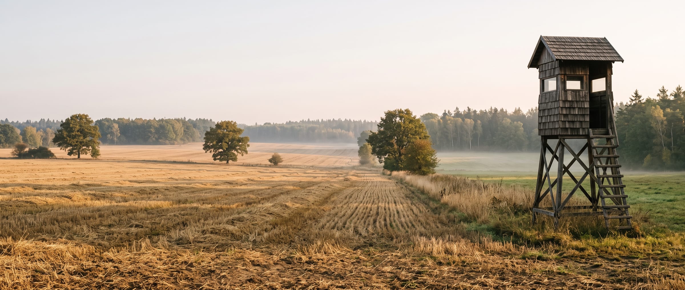 A wooden high seat at the edge of a harvested field on a misty autumn morning