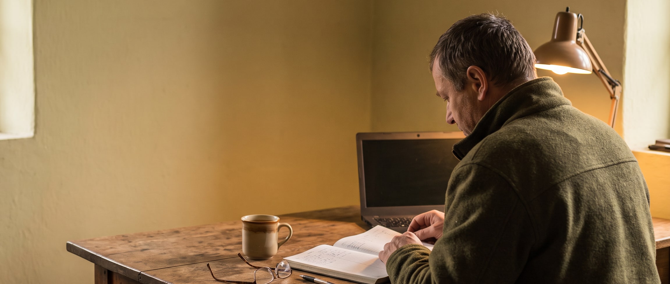 A game manager at a lodge table writing in a ledger beside a laptop