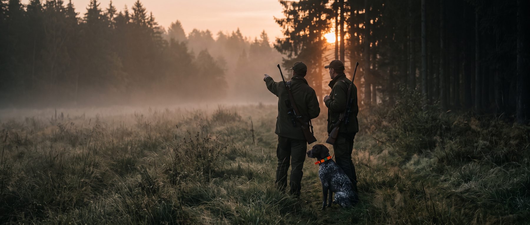 Two hunters with a dog wearing an orange GPS collar at the forest edge in morning mist Two hunters with a dog wearing an orange GPS collar at the forest edge in morning mist
